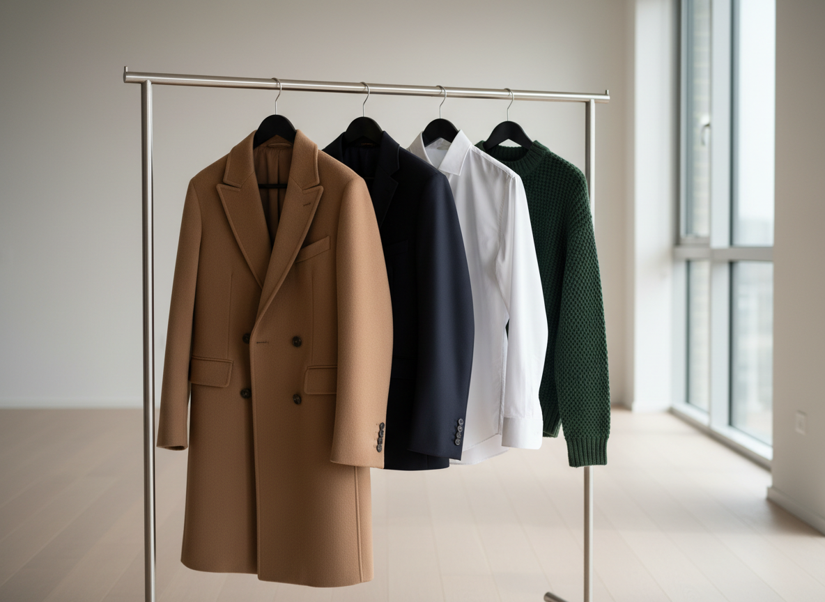 A sleek clothes rack made of brushed stainless steel displaying a curated spectrum of UIBOG premium apparel: a camel double-breasted wool coat, a midnight navy tailored blazer, a crisp white structured shirt, and a deep forest green knit sweater. Each garment hangs evenly spaced on matte black hangers, showcasing impeccable drape, seams, and fabric weight. The rack stands in a minimal loft space with smooth off-white walls and a pale oak floor. Large floor-to-ceiling windows cast soft natural daylight, creating subtle shadows and a calm, airy atmosphere. Shot at eye level with a slightly off-center composition and shallow depth of field, the foreground pieces are in razor-sharp focus while the background gently blurs. The photographic style is modern and refined, emphasizing sophistication and timeless design.