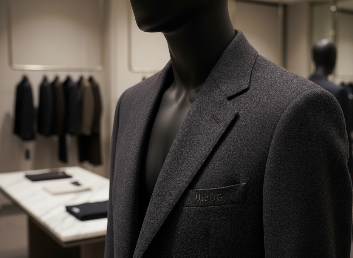 A close-up, photographic realism shot of the shoulder and upper torso area of a premium UIBOG blazer displayed on a matte black abstract mannequin torso with no facial features. The blazer is crafted from rich charcoal Italian wool with a faint herringbone pattern, structured but soft, with clean lapels, hand-finished buttonholes, and a subtle, almost hidden, tonal logo on the inner lining peeking through. Behind it, a blurred boutique interior hints at other garments on minimalist racks and a marble display table. Warm, focused gallery-style spotlights from above and the side create sculpted highlights on the blazer’s contours, emphasizing texture and tailoring. The composition uses a three-quarter angle and shallow depth of field, projecting an atmosphere of exclusivity, precision, and modern sophistication.