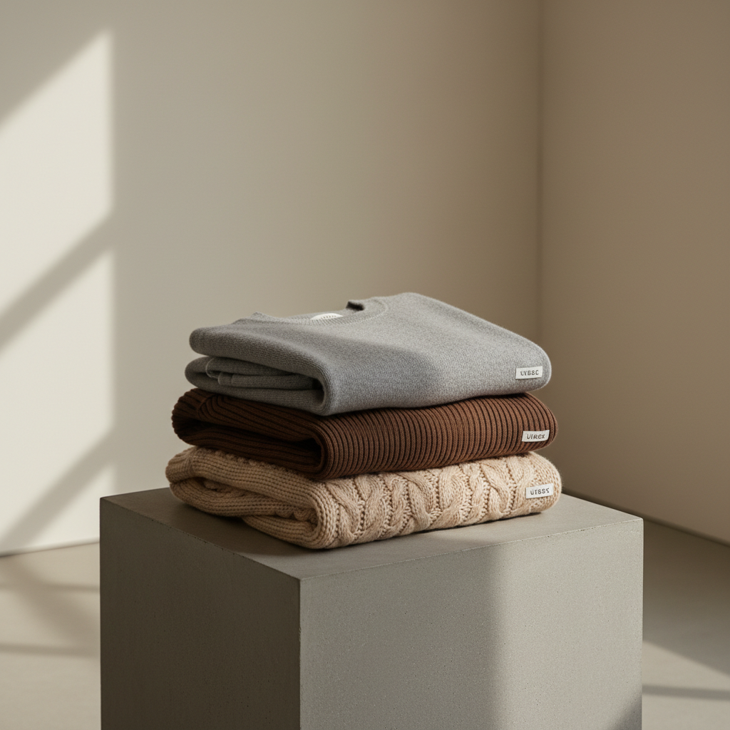 An elegantly styled scene of folded UIBOG knitwear stacked on a low, matte stone plinth: on top, a fine-gauge cashmere crewneck in muted dove grey, beneath it a dense ribbed turtleneck in deep espresso brown, and at the base a chunky cable knit in soft oatmeal. Each fold reveals subtle hemlines, uniform stitching, and refined label placement. The plinth stands in a minimal gallery-like room with a seamless light beige backdrop. Soft, diffused side lighting from an unseen window creates gentle shadows in the knit patterns, enhancing depth and tactility. Photographic realism with a slightly elevated three-quarter angle and moderate depth of field keeps the stack in crisp focus while the background fades to a smooth blur. The mood is serene, luxurious, and quietly confident, ideal for showcasing fabric quality and craftsmanship.