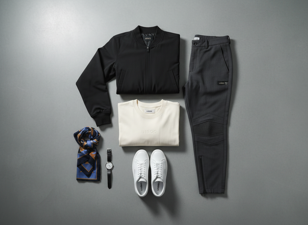 A meticulously arranged flat lay of premium streetwear essentials from the UIBOG collection, featuring a structured black bomber jacket in matte technical fabric, a heavyweight cream oversized tee, tailored charcoal joggers, and minimalist leather sneakers. Each garment is carefully folded to reveal precise stitching, ribbed cuffs, and subtle tonal branding tags. They rest on a cool grey concrete surface beside a brushed steel watch and a folded silk scarf. Soft diffused studio lighting from above creates gentle gradients on the fabrics, highlighting texture and craftsmanship while casting minimal shadows. Captured in photographic realism from a directly overhead, bird’s-eye perspective with sharp focus throughout, the composition is clean, balanced, and sophisticated, perfectly suited for a premium apparel homepage hero image.