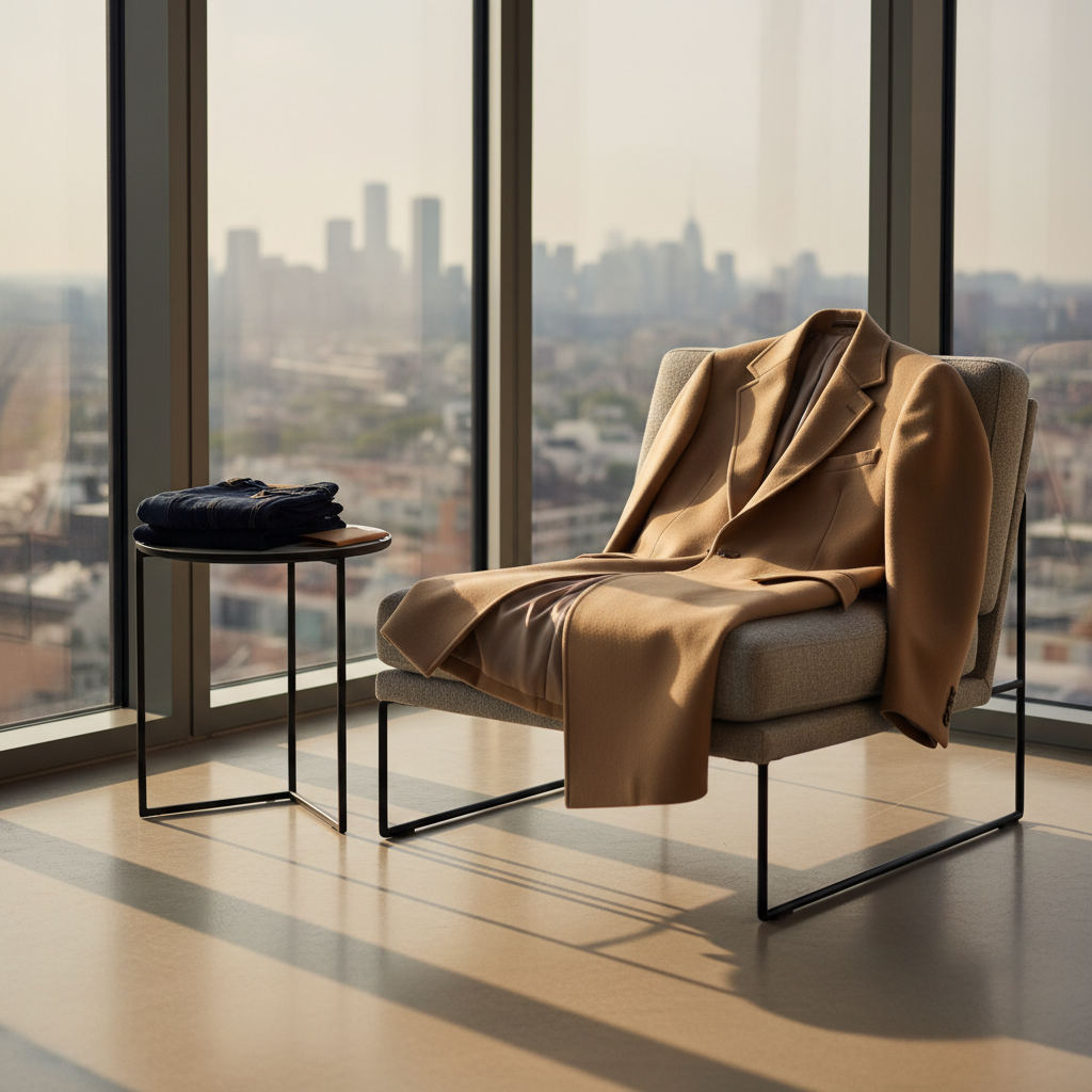A refined lifestyle vignette featuring a premium UIBOG tailored coat draped over the back of a low, modern lounge chair with clean geometric lines, upholstered in textured grey fabric. The coat, in rich sand-colored wool-cashmere, cascades naturally to reveal its satin lining, sharp collar, and carefully structured shoulders. Next to the chair, a slim black side table holds a folded pair of selvedge denim and a minimalist leather cardholder, suggesting a complete outfit without human presence. The setting is a sunlit penthouse corner with floor-to-ceiling glass, a distant blurred city skyline, and pale concrete floors. Late afternoon golden light streams in, creating elongated, soft-edged shadows and a warm, sophisticated ambiance. Captured at a low, three-quarter angle in photographic realism, the composition feels editorial yet understated, perfect for a premium fashion brand.