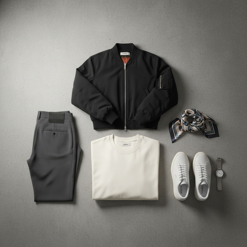 A meticulously arranged flat lay of premium streetwear essentials from the UIBOG collection, featuring a structured black bomber jacket in matte technical fabric, a heavyweight cream oversized tee, tailored charcoal joggers, and minimalist leather sneakers. Each garment is carefully folded to reveal precise stitching, ribbed cuffs, and subtle tonal branding tags. They rest on a cool grey concrete surface beside a brushed steel watch and a folded silk scarf. Soft diffused studio lighting from above creates gentle gradients on the fabrics, highlighting texture and craftsmanship while casting minimal shadows. Captured in photographic realism from a directly overhead, bird’s-eye perspective with sharp focus throughout, the composition is clean, balanced, and sophisticated, perfectly suited for a premium apparel homepage hero image.